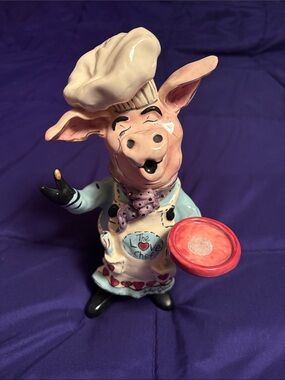 Ceramic Pig Chef Figurine - Pink & White with Red Plate by Blue Sky